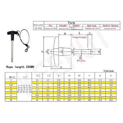 Keehui T Handle Lock Pins Stainless Steel 304 Push-Button Quick Release Pin, Pin Dia 3/8in(9.5MM). Clamping Length 54.8mm(2.16in) with Lanyard Cable (1)