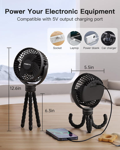 FRIZCOL Portable Stroller Fan, Use As Power Bank, 65H 12000mAh Battery Operated Fan Flexible Tripod Baby Car Seat Fan with Timming, Personal Mini Handheld/Desk/Small Clip On Fans For Stroller