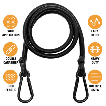 Bungee Cords with Carabiner, 24 Inch Long Heavy Duty Bungee Cords with Carabiner Clip Outdoor, 1/3 Inch Black Extra Strong Elastic Rope with Carabiner Hooks for Camping, Tarps, Bike Rack, Tent, 4 Pack