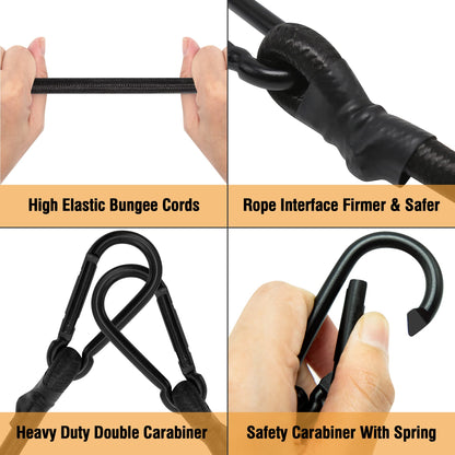 Bungee Cords with Carabiner, 24 Inch Long Heavy Duty Bungee Cords with Carabiner Clip Outdoor, 1/3 Inch Black Extra Strong Elastic Rope with Carabiner Hooks for Camping, Tarps, Bike Rack, Tent, 4 Pack