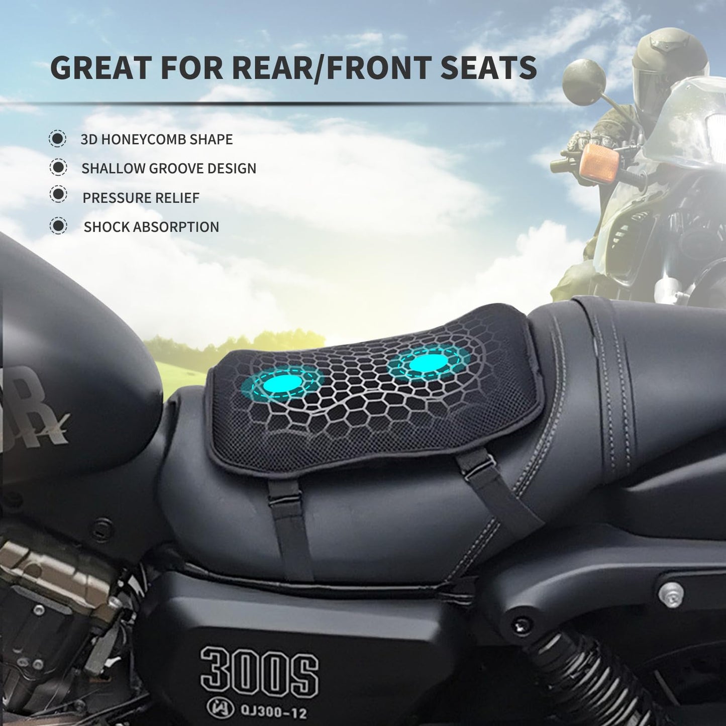 CHCYCLE Foldable Passenger Motorcycle Seat Cushion，High Elasticity Gel 3D Honeycomb Comfortable Breathable Shock Absorption for Long Ride Seat Cover (Peanuts Shape)