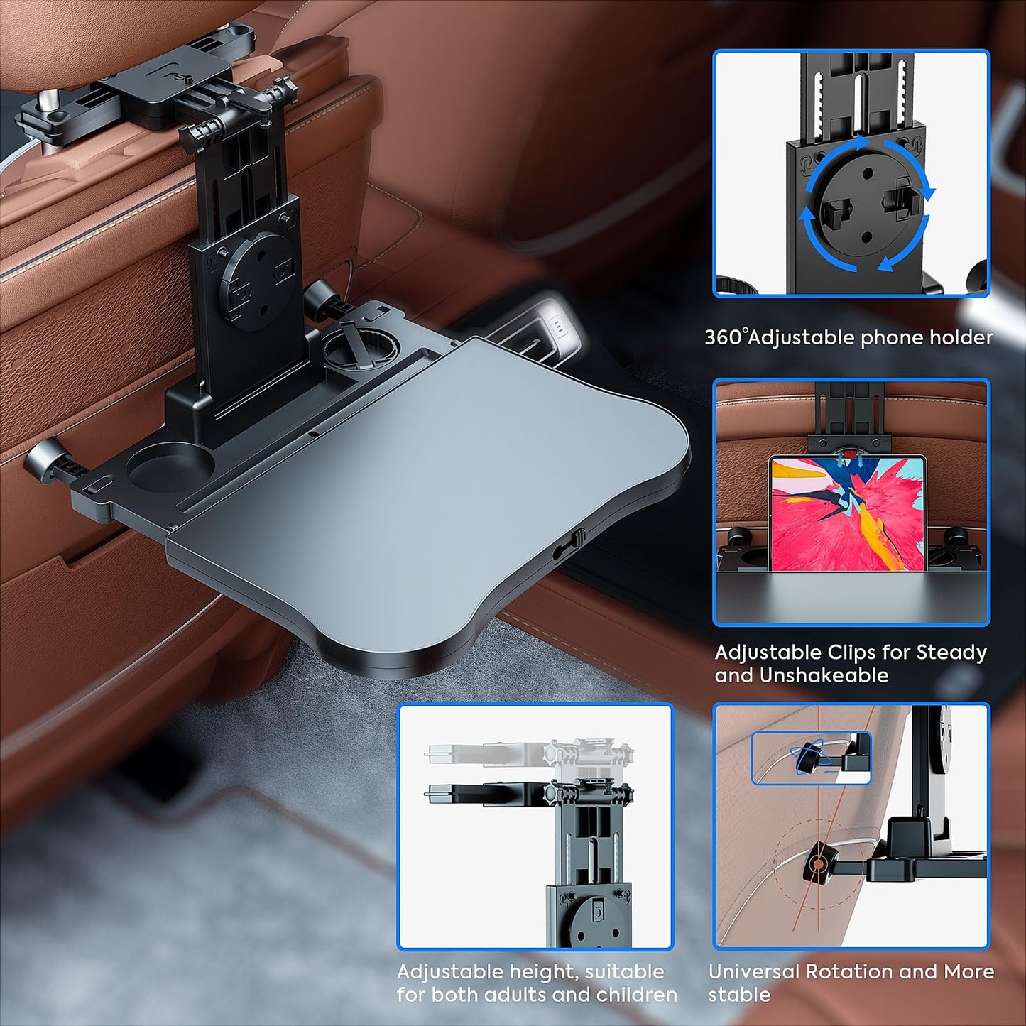 FANXIN Car Seat Tray, Car Back Seat Tray Table for Kids, Foldable Travel Tray for Rear Passenger Seat, Car Food Trays for Eating, Car Desk for Laptop Working on The Road with Non-Slip Mat