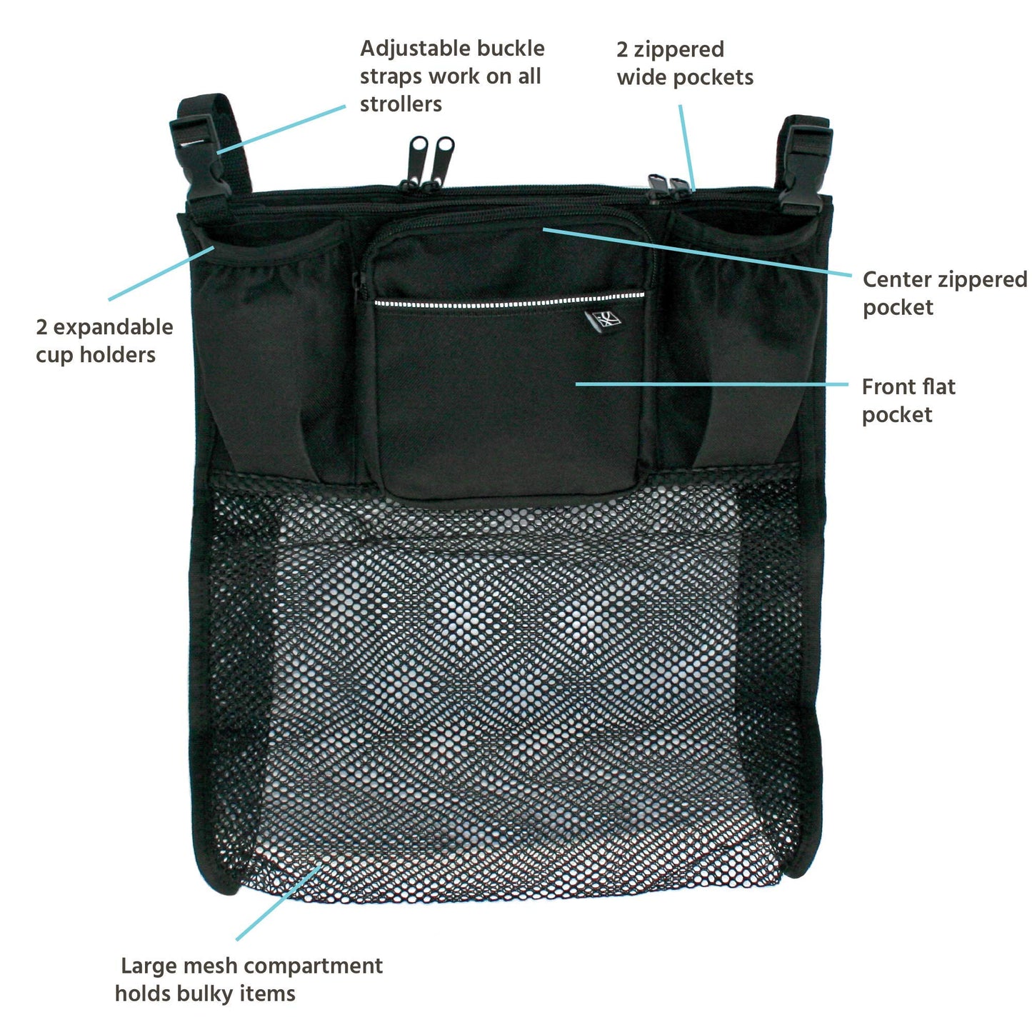 J.L. Childress Cups 'N Cargo Universal Stroller Organizer with Cup Holders and Mesh Storage Compartment - Deep Cup Holders - Multiple Zippered Pockets - Fits Uppababy, Stroller Wagons & more - Black