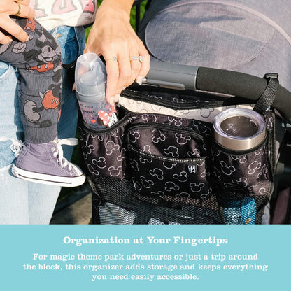 Disney Baby by J.L. Childress Stroller Organizer with Cup Holders and Mesh Storage Compartment - Disney World Travel Essential - Universal Stroller Accessory with XL Storage Bag - Mickey Mouse Black