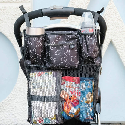 Disney Baby by J.L. Childress Stroller Organizer with Cup Holders and Mesh Storage Compartment - Disney World Travel Essential - Universal Stroller Accessory with XL Storage Bag - Mickey Mouse Black