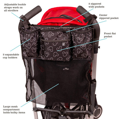 Disney Baby by J.L. Childress Stroller Organizer with Cup Holders and Mesh Storage Compartment - Disney World Travel Essential - Universal Stroller Accessory with XL Storage Bag - Mickey Mouse Black